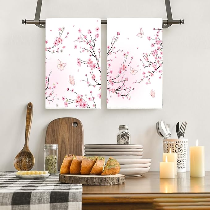 Cherry Blossom Pink Butterfly Kitchen Towel 2 Pcs Decorative Hand Towel Absorbent Dishcloth 16”X 24”