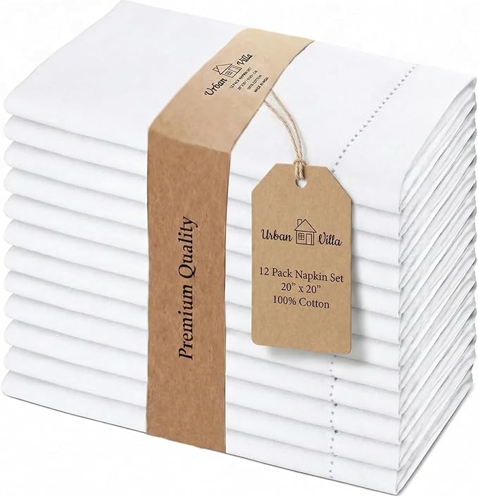 Urban Villa Cloth Napkins White Hemstitch Dinner Napkins Set of 12 (20X20)100% Cotton Absorbent Washable Durable Reusable Ideal for Easter Decorations Farmhouse Parties Restaurant Lunch Dinner Napkins