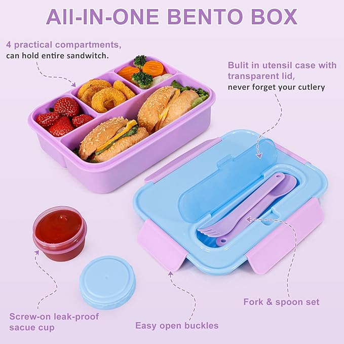 Caperci Bento Box for Kids - 50oz Larger Lunch Box Containers for Kids, Reinforced Leakproof, Built-in Sauce Cup, Utensils, 4 Compartments, BPA-Free Microwave & Dishwasher Safe (Lavender Pop)