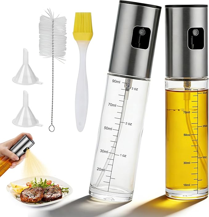Oil Sprayer for Cooking, Upgraded 2 Pack Refillable Olive Oil Spray Bottle Mister with Brush for Air Fryer Oil Vinegar Portable Glass Kitchen Gadget for BBQ, Salad, Roasting, Grilling Local Stock