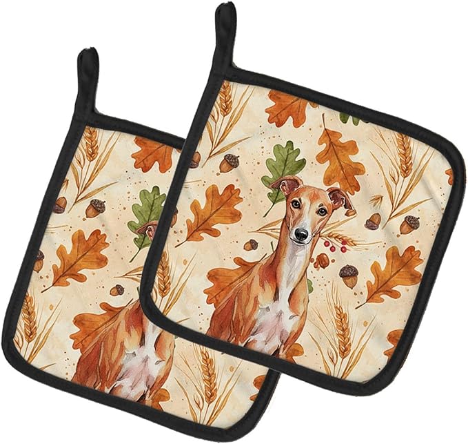 Caroline's Treasures Red Whippet Heirloom Fall Pair of Pot Holders Pair 7.5x7.5 Quilted Insulated Hot Pads Decorative Kitchen Gift Made in USA