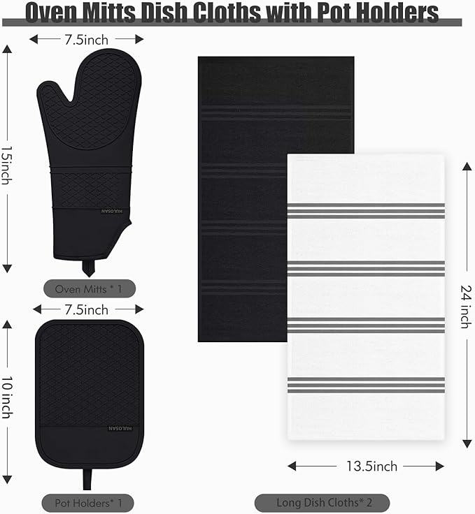 Oven Mitt and Pot Holders Sets, Quilted Cotton Terry Cloth,Non-Slip Pot Holder, Silicone Oven Mitt Heat Resistant, Oven Mittens 7.3"x14.2", Hot Pad 7"x10" & Dish Cloths 13"x25"
