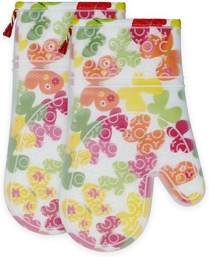 Silicone Oven Mitts Set Heat Resistant 2PCS Kitchen Mittens with Soft Cotton Lining Long Waterproof Non-Slip Oven Gloves for Cooking, BBQ, Baking-Flower