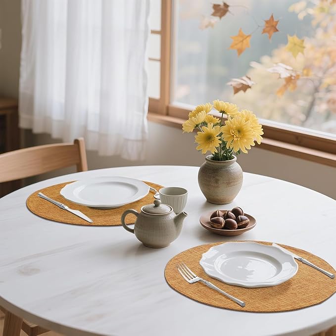 homing 15 Inch Round Cloth Placemats Set of 4, Cotton Linen Blend Washable Table Mats, Farmhouse Dining Place Mats for Indoors & Outdoors, Easy to Clean, Amber