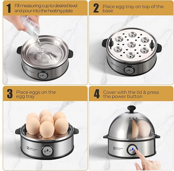 Annie & Mia Design Electric Egg Cooker, All Stainless Steel 7 Egg Capacity egg boiler, 360W, Hard, Medium, Soft Boiled Egg Poacher, egg steamer, Multi-function, Auto Shut-Off Function, BPA-free