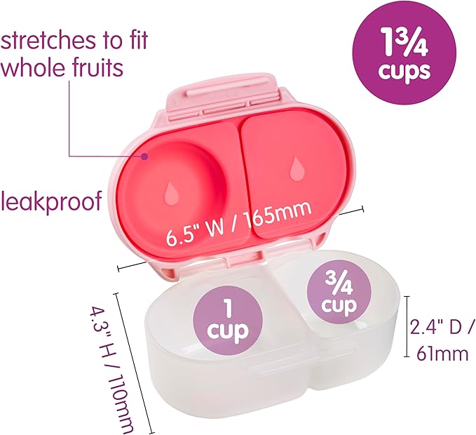 b.box Snack Box - Leakproof Mini Bento Box for Kids & Toddlers, 2 Compartment Snack Containers for Kids, Lunch Containers, Dishwasher Safe, BPA Free, PFAS Free, Ages 4m+, 1 3/4 Cup - Flamingo Fizz