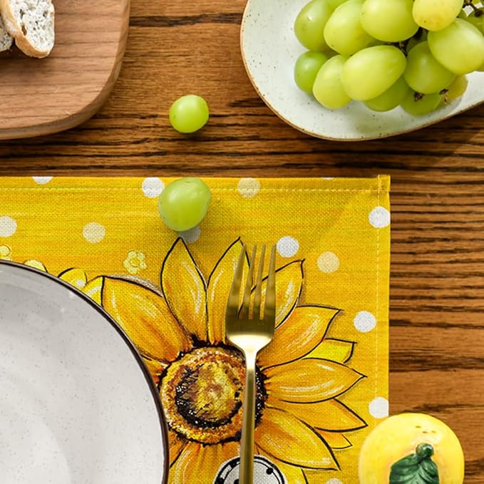 Artoid Mode Sunflower Bee Flower Polka Dot Summer Placemats Set of 4, 12x18 Inch Spring Table Mats for Table Runner Party Kitchen Dining Decoration