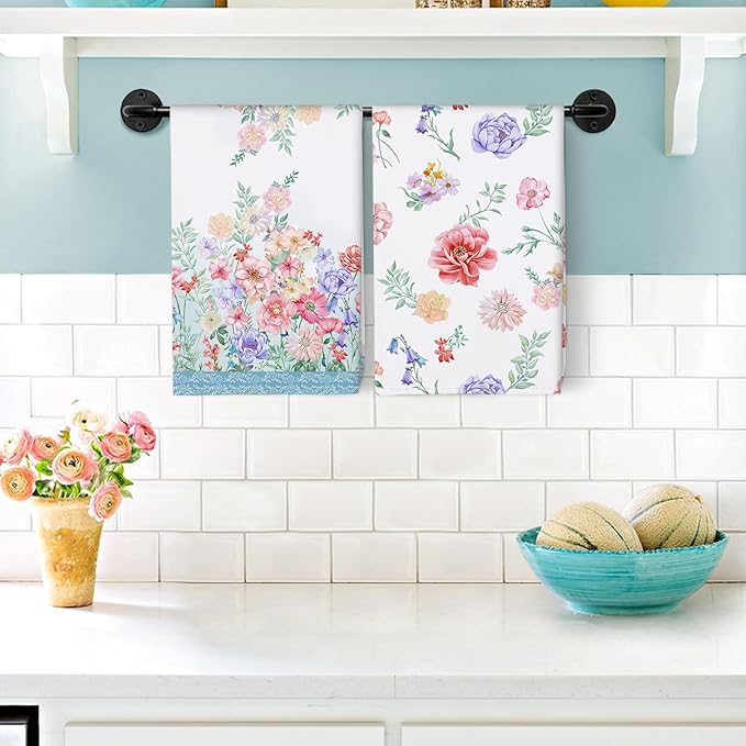 Watercolor Floral Tea Towels, Cotton Kitchen Towel 18.9 × 27.5 inch, Quick Drying Dish Cloth for Party Anniversary Holiday Decoration, Housewarming Gifts for Mom