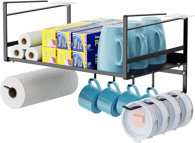 iSPECLE Under Shelf Basket- Multi-Purpose Under Shelf Storage Mug Hooks, Add Extra Storage Space Under Cabinet with Paper Towel Holder and Coffee Cup Hooks, Easy to Get Items, Black