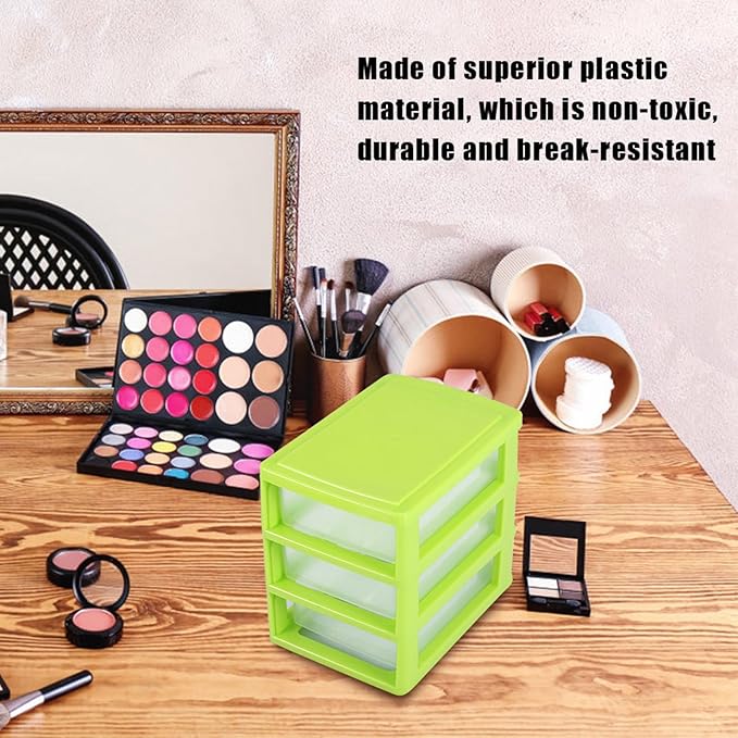 3 Tier Plastic Drawer Organizer with Adjustable Dividers, Compact Detachable Storage Box for Jewelry Makeup Accessories, Multi Purpose Home Office Bathroom Organization (3 Layers of Green)