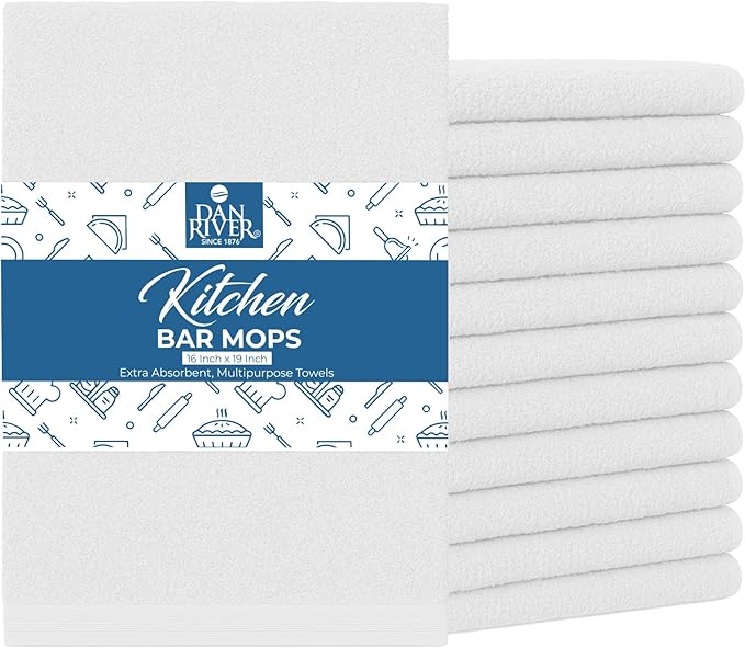 DAN RIVER Kitchen Bar Mops,Pack of 12,16 by 19 Inches,100% Cotton Super Absorbent,Multi-Purpose Cleaning Towels for Home and Kitchen Bars-White