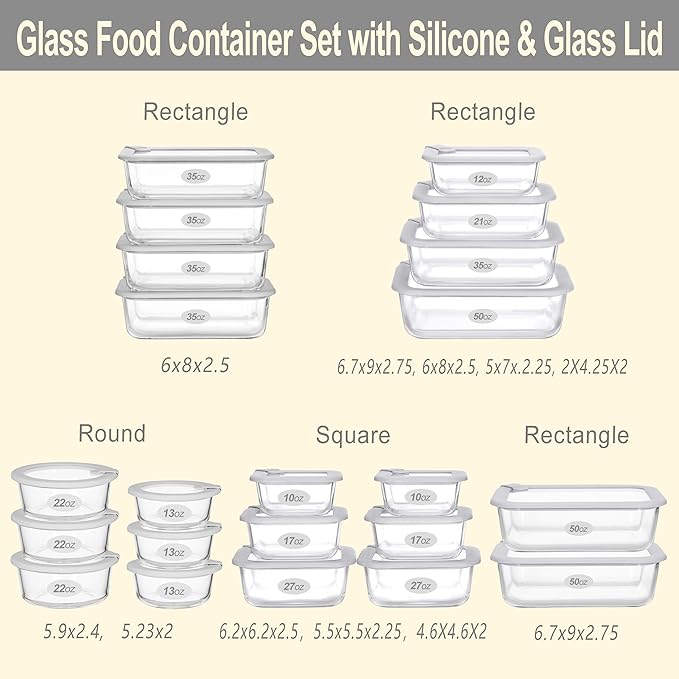 Glass Food Containers with Glass Lid, Microwave Safe Food Storage Container Set, 6 Pack, Large Size Airtight Storage Set with Leak Proof Lids, Meal Prep Containers