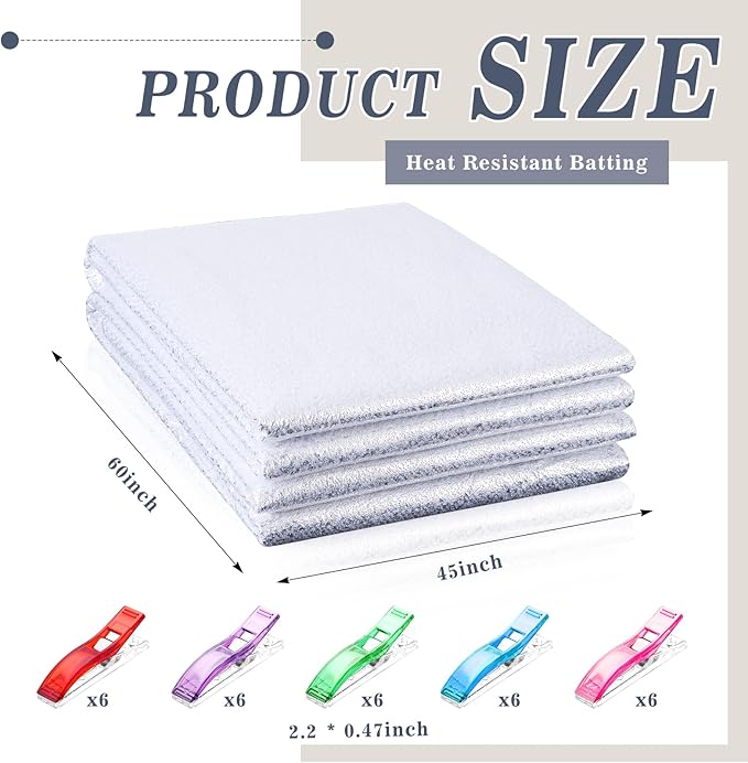 Treela 4 Pcs 45 x 60 Inch Heat-Resistant Batting for Potholders Insulating Thermal Lining Batting with 30 Pcs Fabric Clips for Pot Holders Reflective Heat Fabric