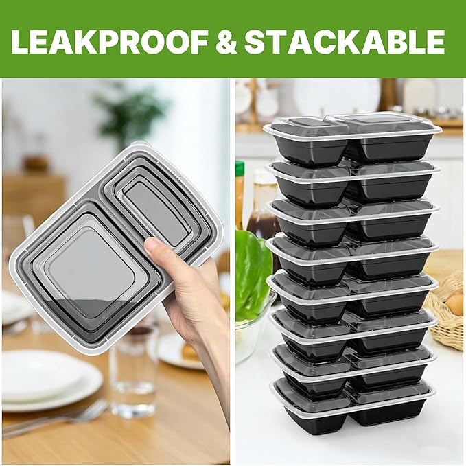 Meal Prep Containers with Lids, Reusable 2-Compartment Food Storage, Sturdy Leakproof, Food Safe, Microwave Freezer Dishwasher Safe, To-Go Takeout Plastic Containers, 50 Pack (100-Piece) – 60828 60828