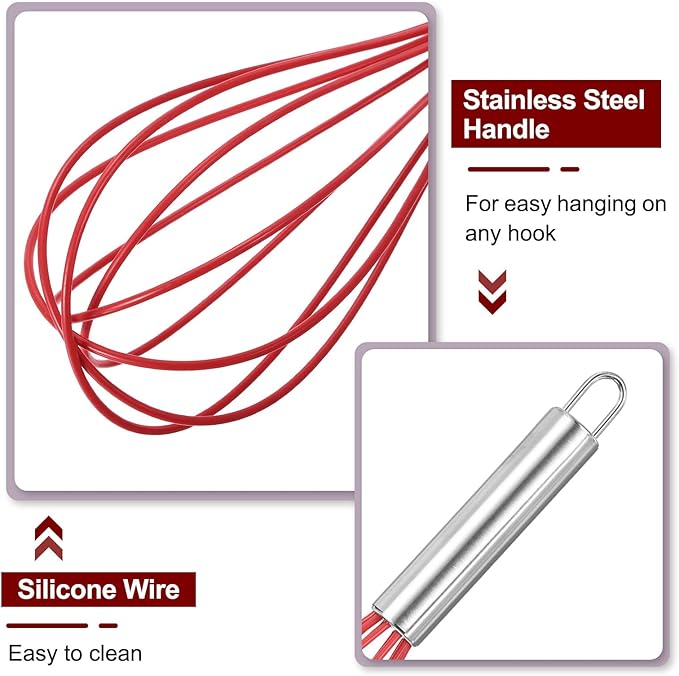 HARFINGTON 5Pcs Silicone Whisk 12" Kitchen Whisk Wire Whisks Beater with Stainless Steel Handle for Egg Milk Whisking Blending Beating & Stirring, Red