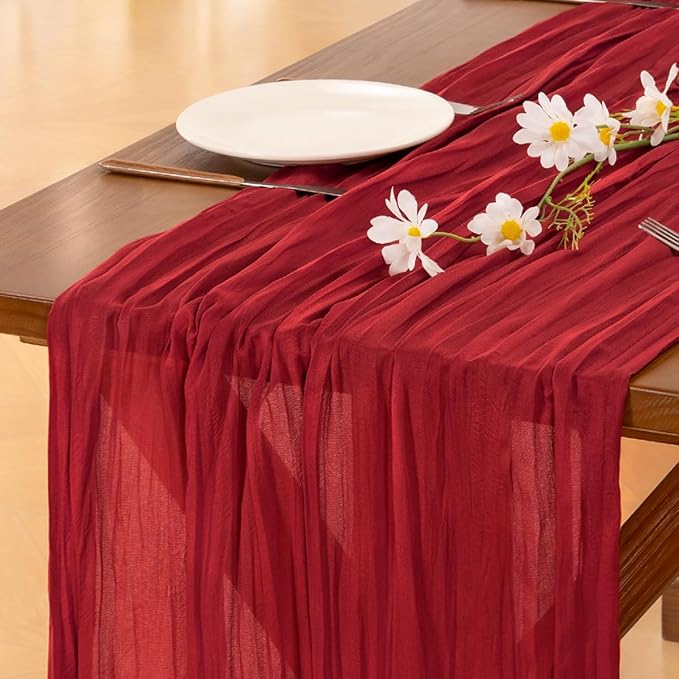 Socomi 3pcs Red Easter Spring Cheesecloth Table Runner Boho Rustic Gauze 120 inch 10FT Cheese Cloth Runner for Wedding Party Baby Shower Birthday Home Decor Holiday Decorations