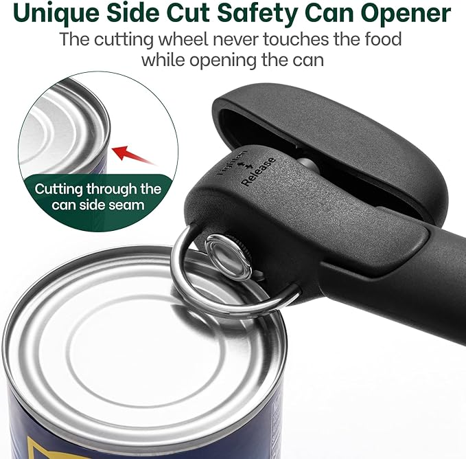 Beneno Can Opener, Safety Side Cut Manual Can Opener with Sharp Cutting Blade Smooth Edge, Effortless Easy to Turn Knob, Comfort Grip Handle, Smooth Cutting Can Lid with no Sharp Edges, Black