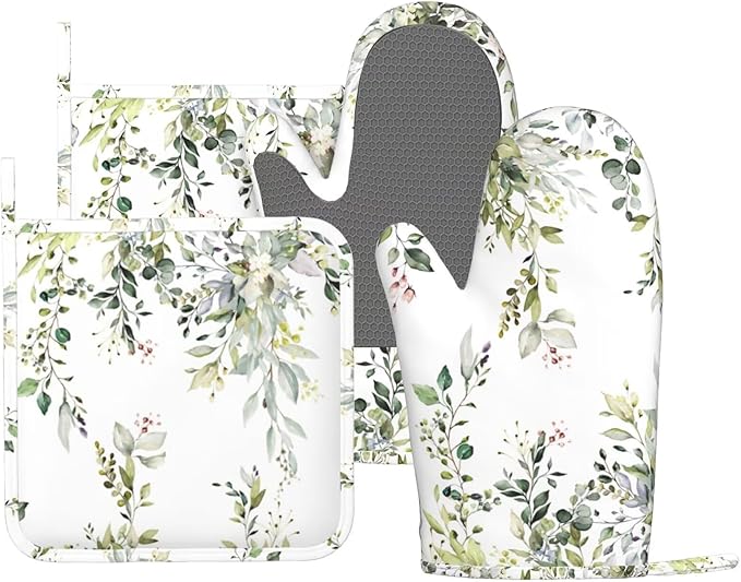 Sage Green Eucalyptus Oven Mitts and Pot Holders Sets Silicone Watercolor Butterfly Leaves Kitchen Mitts Potholders Heat Resistant 4Pcs Oven Gloves Hot Pads for Kitchen Baking Cooking