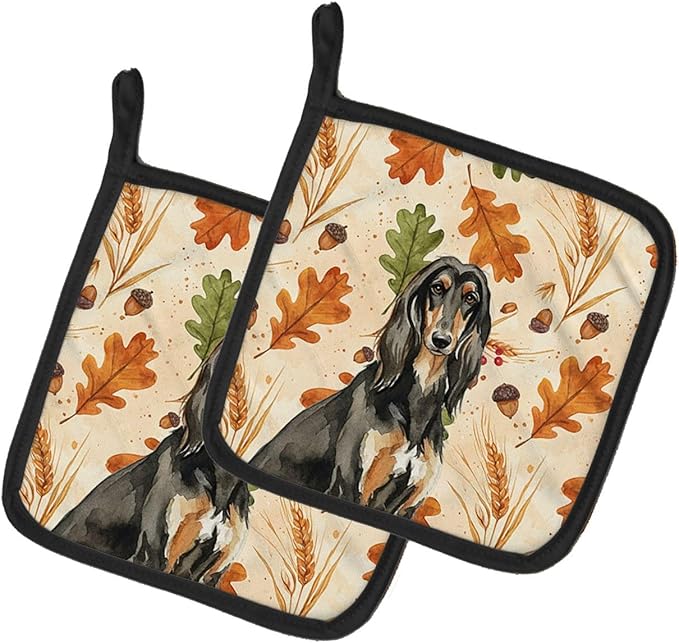 Caroline's Treasures Black & Tan Afghan Hound Heirloom Fall Pair of Pot Holders Pair 7.5x7.5 Quilted Insulated Hot Pads Decorative Kitchen Gift Made in USA