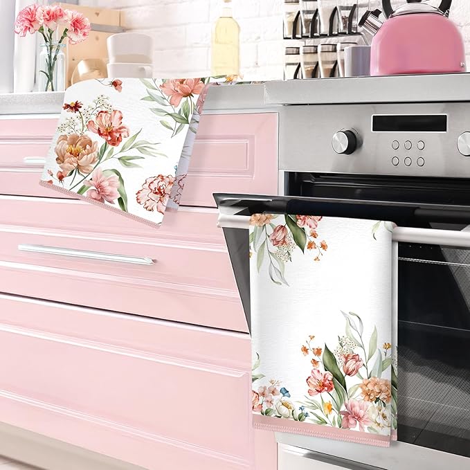 Watercolor Flowers Microfiber Kitchen Towels, Soft Absorbent Pink Floral Hand Towel 15.7 × 23.6 Inch, Thick Dish Cloth for Party Anniversary Holiday Decoration, Housewarming Gifts for Mom