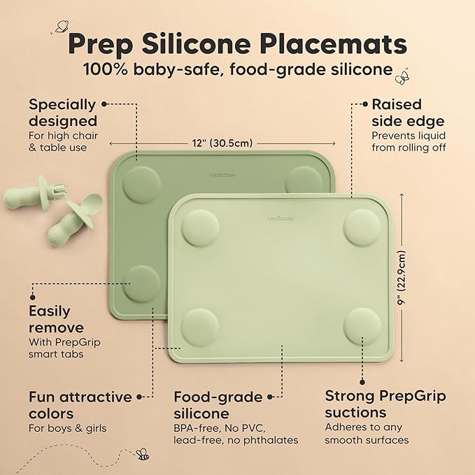 KeaBabies 2pk Silicone Placemats for Toddlers, Kids - 12x9 Non Slip Suction Baby Silicone Placemat for Restaurants, Dining Table,Travel, Easy to Clean, Food Grade/BPA-Free, Small Baby Table Mat (Sage)