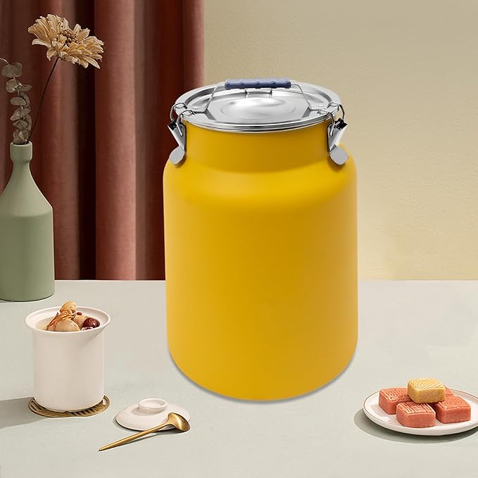 12L Stainless Steel Milk Jug with Sealed Lid and Thick Handle, 7.28in Milk Bucket, Rice Cereal Grain Storage Container for Storing Oil, Ghee, Wine, Tea, Grain, Nut, Snack, Pet Food (Yellow)