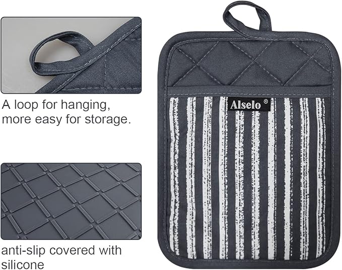 Alselo Silicone Pot Holders Set of 3 Heat Resistant & Non Slip Potholders, Professional Oven Hot Pads with Pockets Mitts for Kitchen Cooking Baking Barbecue