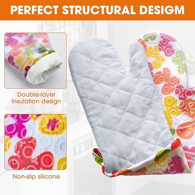Silicone Oven Mitts Set Heat Resistant 2PCS Kitchen Mittens with Soft Cotton Lining Long Waterproof Non-Slip Oven Gloves for Cooking, BBQ, Baking-Flower