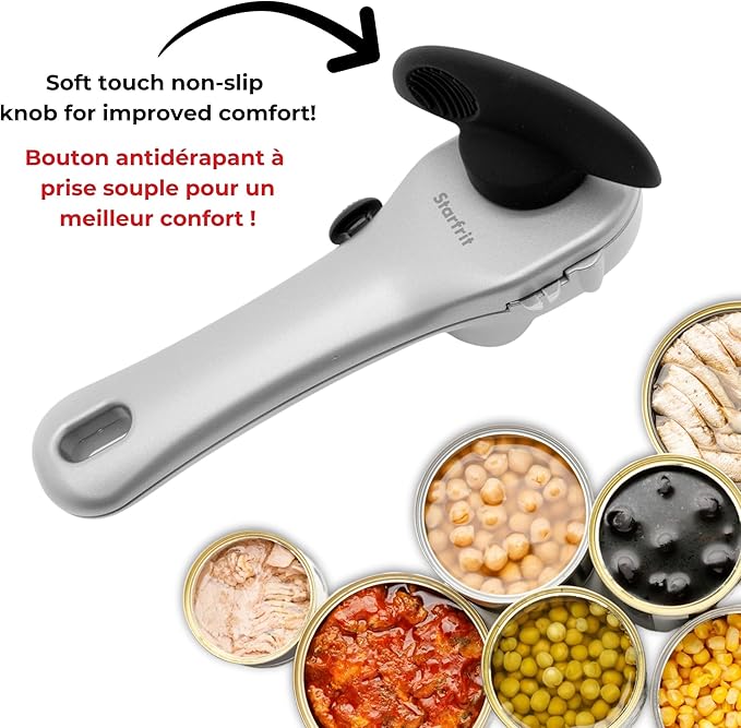 Starfrit Securimax Auto Can Opener - Patented Safe Edge Technology with Lid Lifter - Leaves No Sharp Edges on Lid & Can - Heavy Duty Non-Slip Knob - Grey