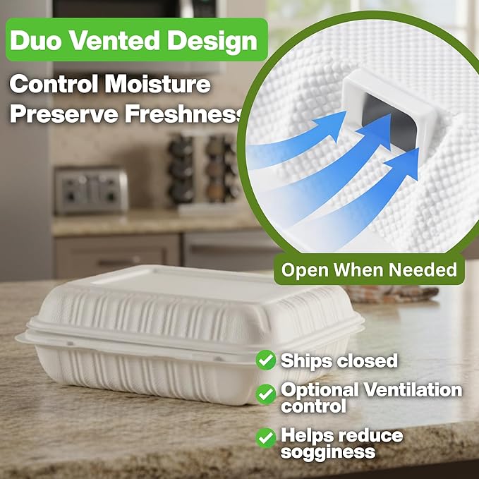 Front Lock MFPP Hinged Container, White, Vented, 1 Compartment, 7" x 7", Disposable Takeout Boxes, Durable Microwaveable To-Go Containers for Restaurant & Food Service,150pc