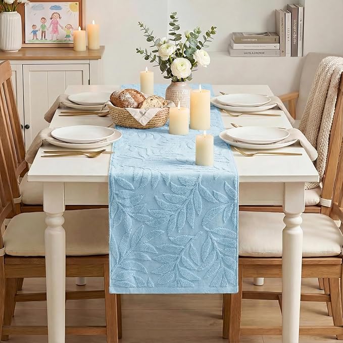Artoid Mode Light Blue Soft Cotton Jacquard Leaves Spring Table Runner, Holiday Kitchen Dining Table Decoration for Home Party Decor 13x72 Inch