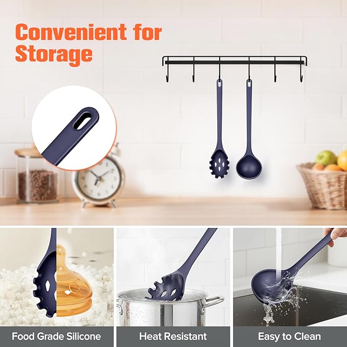 Silicone Spaghetti Spoon&Soup Ladle Cooking Utensils Set of 2,No Scratch for Nonstick Cookware,BPA Free, 450℉ Heat Resistant (BLUE)
