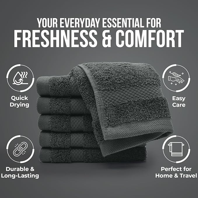 DAN RIVER 12-Pack Premium 100% Cotton Gray Face Towels for Bathroom - Reusable Face Wash Cloths for Showering 12x12 Inches - 550 GSM Super Soft & Absorbent Luxury WashCloths for Body, Spa & Gym
