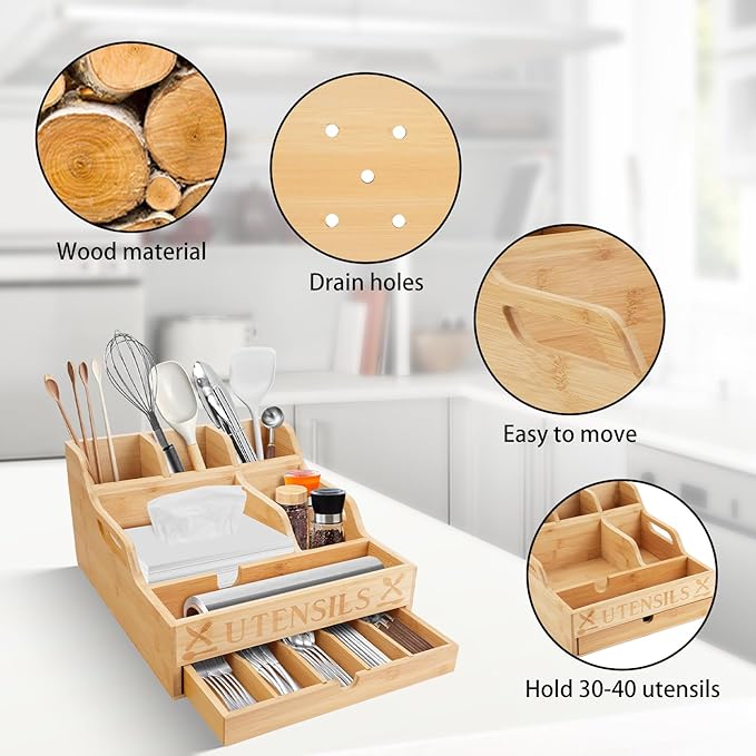 Large Kitchen Utensil Holder with Drawer Organizer, 11 Compartment Bamboo Silverware Organizer for Countertop, Cutlery Tray with Dividers for Flatware Spoon Forks Knives Cooking Tool