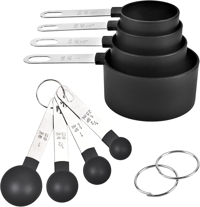 Measuring Cups and Spoons Set, 8-Piece Stackable Kitchen Measuring Set for Cooking and Baking, Durable Plastic Cups with Stainless Steel Handles, Easy-Grip, Nesting Design, Black