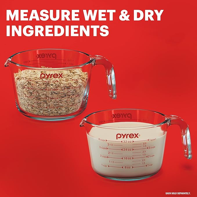 Pyrex 4-Cup Glass Measuring Cup For Baking and Cooking, Dishwasher, Freezer, Microwave, and Preheated Oven Safe, Essential Kitchen Tools