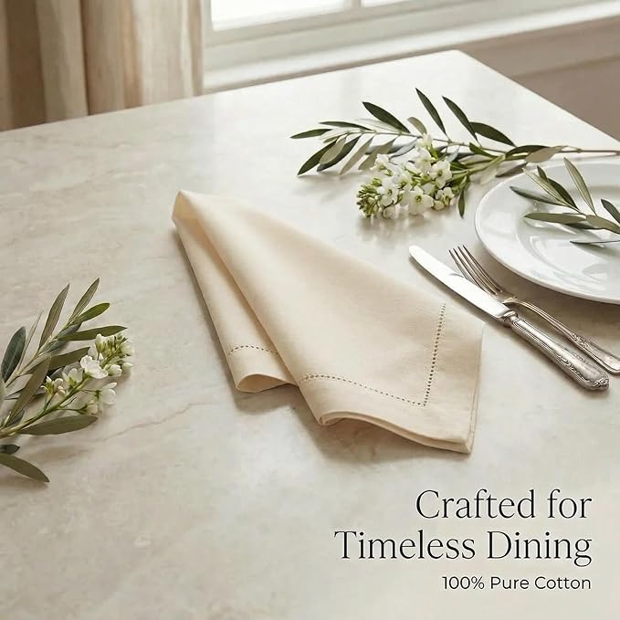 Urban Villa Cloth Napkins Ivory Hemstitch Dinner Napkins Set of 12 (20X20)100% Cotton Absorbent Washable Durable Reusable Ideal for Easter Decorations Farmhouse Parties Restaurant Lunch Dinner Napkins