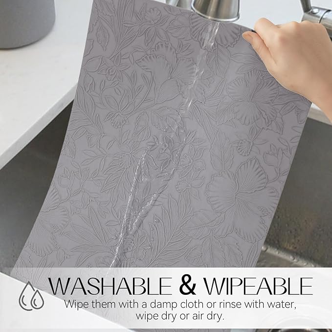 Romanstile Vinyl Placemats Set of 8-12 X 17 Inch - Heat Resistant Non-Slip Embossed Floral Place Mats 100% Waterproof Oilproof Wipeable Faux Leather Table Mats for Kitchen/Dining/Party, Grey