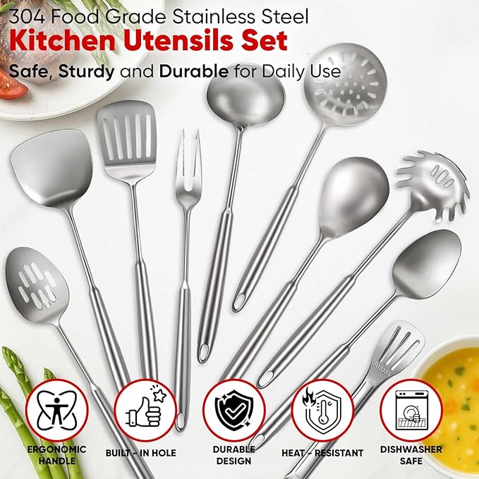 Newness 12 Pcs Cooking Utensils Set, 304 Stainless Steel Kitchen Utensils Set, Metal Kitchen Accessories, Include Soup Ladle, Slotted Skimmer Spoon, Spaghetti Spoon and Spatula, Dishwasher Safe