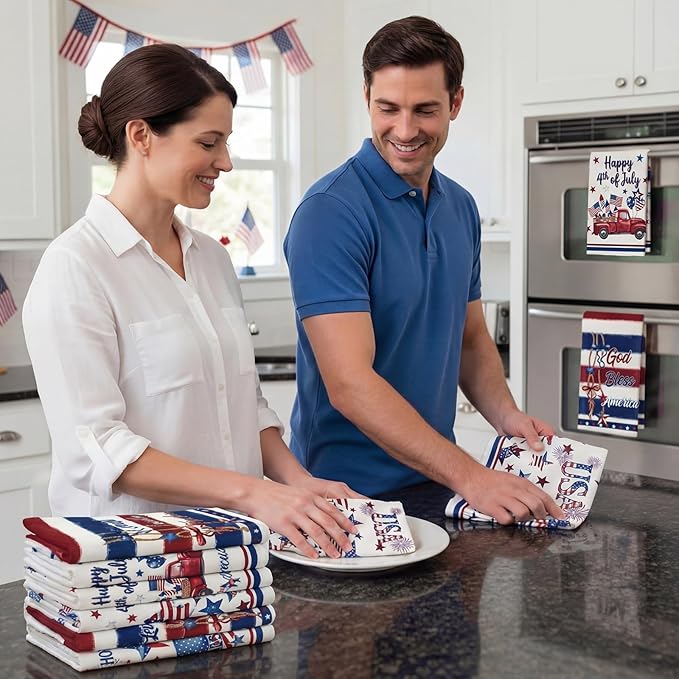 Breling Set of 6 4th of July Kitchen Towels Patriotic Themed Dish Towel Bathroom Decorative Rustic Cloths for Independence Day Kitchen Bathroom Home Cooking Housewarming, 14 x 21 Inch