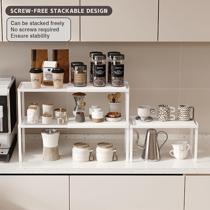 Magheo Expandable Cabinet Shelf Organizer, 1 Pack Stackable Kitchen Counter Shelf Riser, Metal Spice Rack Adjustable Heavy Duty Countertop Organizer Storage for Kitchen, Pantry, Cupboard, Rv (White)
