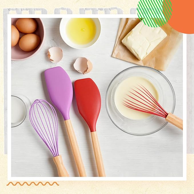 Funnymoom 12 Pcs Small Silicone Whisks and Spatulas with Wooden Handle for Cooking 10 Inch Mini Whisk Spatula Non Stick Kitchen Baking Essentials Cookware for Valentines Day Party Favor Gift Supplies