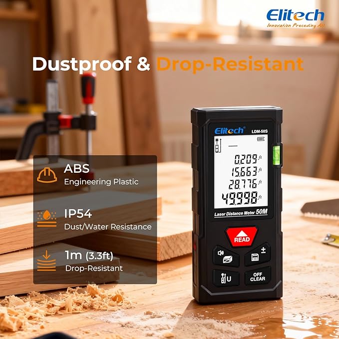 Elitech Laser Measure 165ft, Digital Laser Tape Measure for Home Decor & DIY, Handheld Distance Meter with Bubble Level, 99 Data Memory - Easier Than Metal Tape (Battery & Hand Strap Included)
