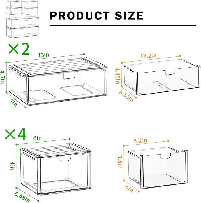 caktraie Acrylic Storage Drawers Set of 6, Clear Makeup Organizer, Plastic Organizer Bins for Beauty Supplies,Ideal for Vanity, Bathroom,Cabinet,Pantry Organization