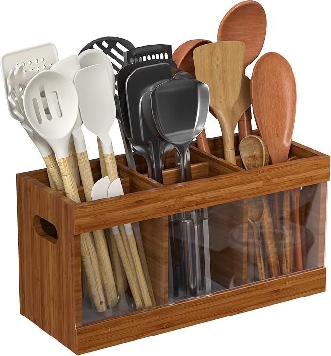 Yofidra Bamboo Utensil Holder & Silverware Organizer: Extra Large Cooking Holder with Absorbing Drying Stone and 6 Compartments Kitchen Countertop Storage Farmhouse Decor Accessories, Brown