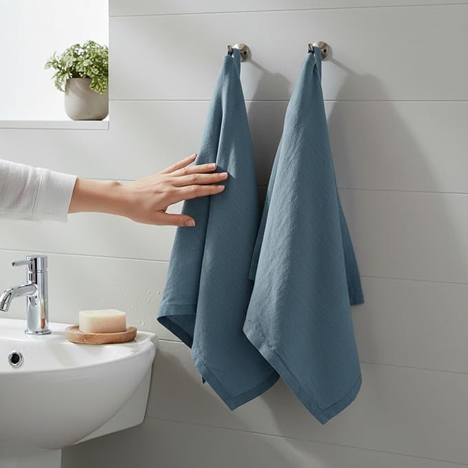 Linen Kitchen Dish Towels – 20” x 27” – 100% Pure Stonewashed Linen Hemstitch Hand Towel/Tea Towel - Set of 2 (Soft Teal Blue)