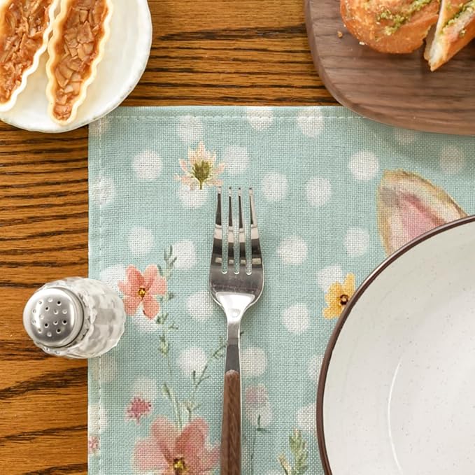 Artoid Mode Blue Bunny Polka Dot Easter Placemats Set of 4, 12x18 Inch Flower Seasonal Spring Holiday Table Mats for Party Kitchen Dining Decoration