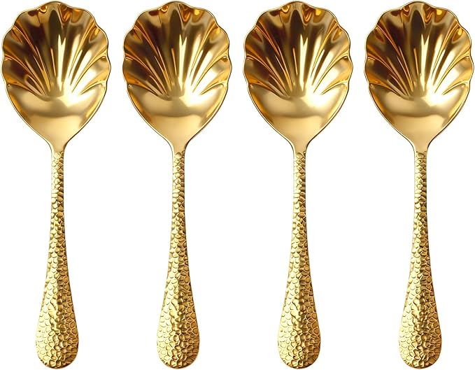 Serving Spoons 4Pack, 18/10 Stainless Steel Large Serving Spoons Set, Hammered Long Handle Serving Spoons for Buffet, Scalloped Design Serving Utensils for Kitchen Party Buffet Banquet (Gold)