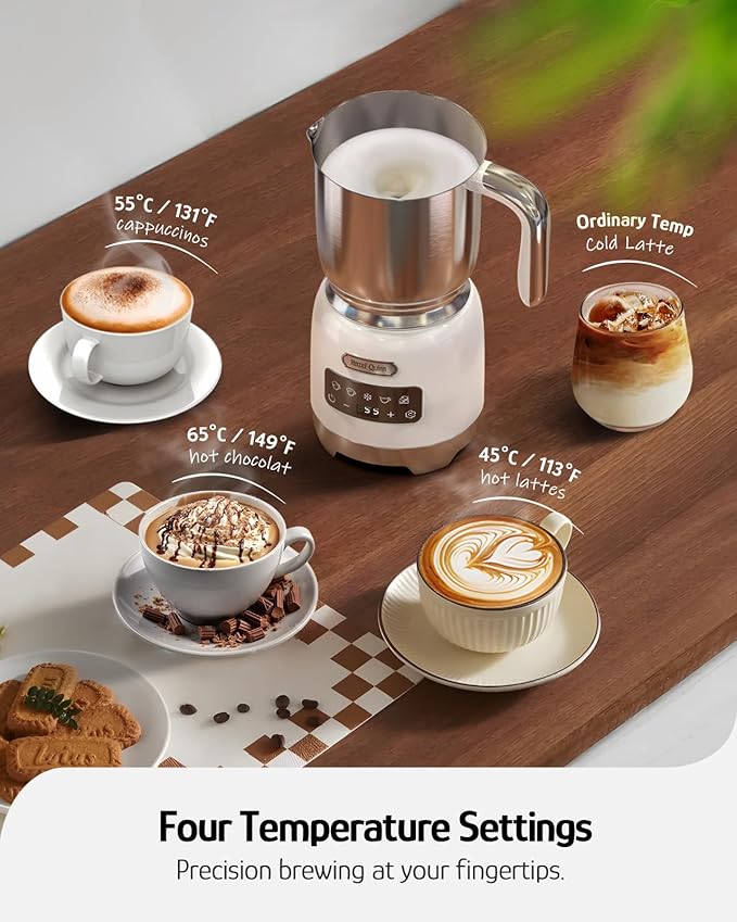 Hazel Quinn Milk Frother - Hot and Cold Detachable Milk Frother with Adjustable Temperature & Foam Thickness, Dishwasher Safe, for Latte/Cappuccino/Hot Chocolate, 400ML (13.5oz) - Pearl White