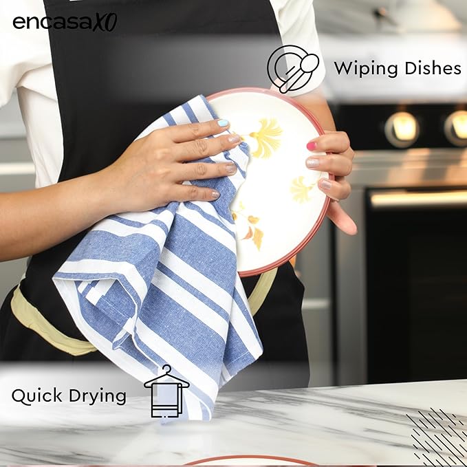 Encasa XO Cotton Kitchen Towel Set | Hand and Tea Cloth for Cleaning & Quick Drying, X-Large 28"x18" (Pack of 4) Highly Absorbent - Franca Blue Stripes